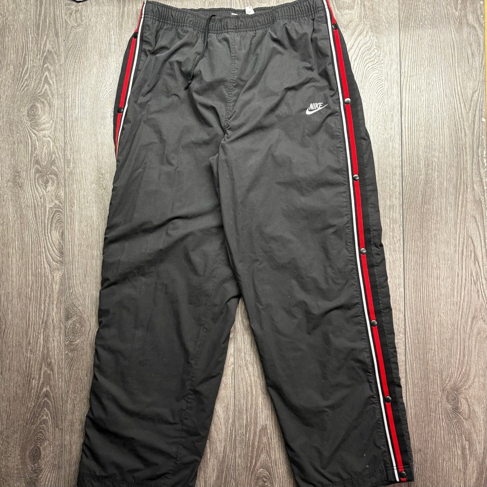 Nike Vintage Tear Away Track Pants Mens XL Black Red Side Stripe Snap Warm Up
